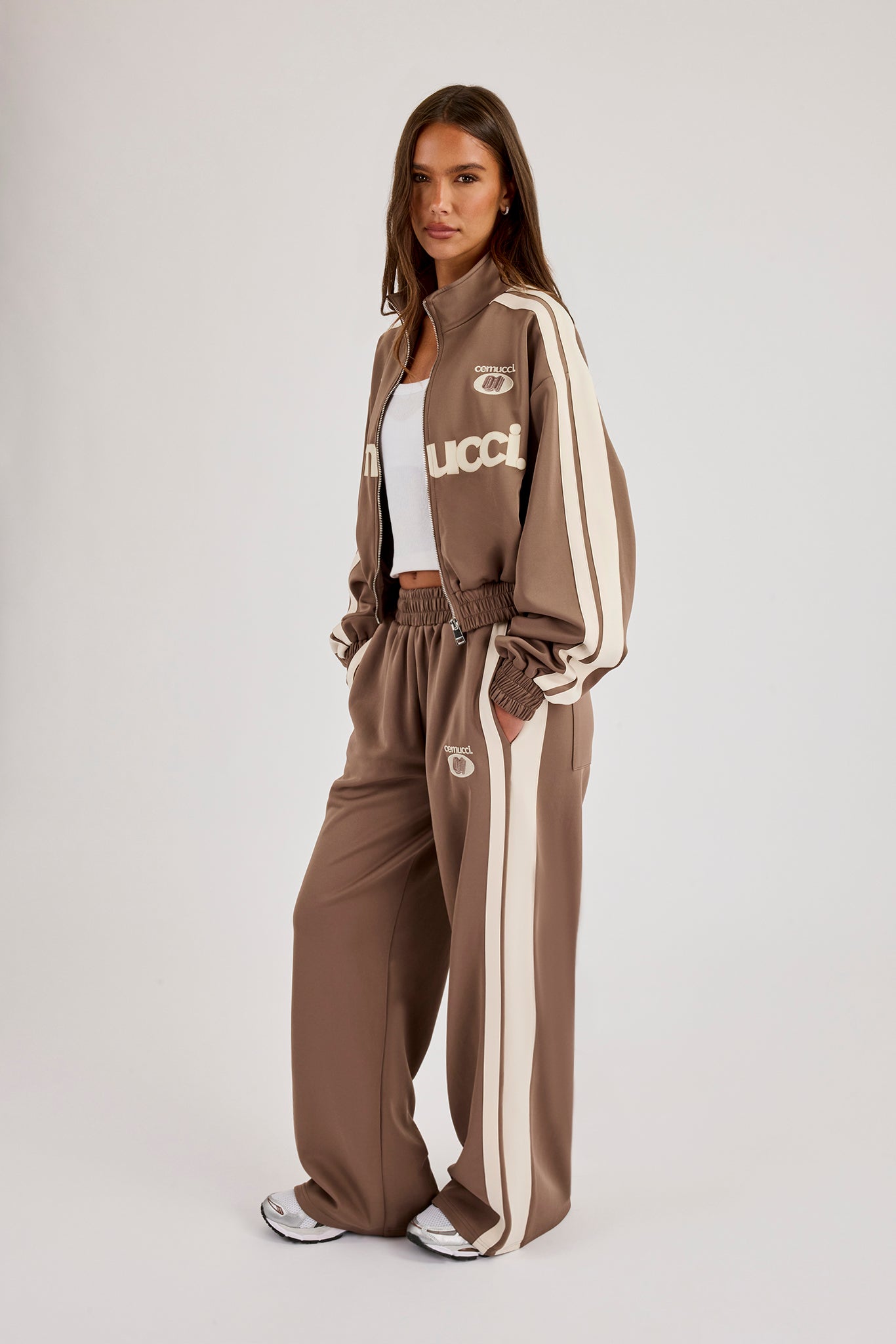 Football Cropped Zip Through Track Jacket & Baggy Taping Jogger - Taupe
